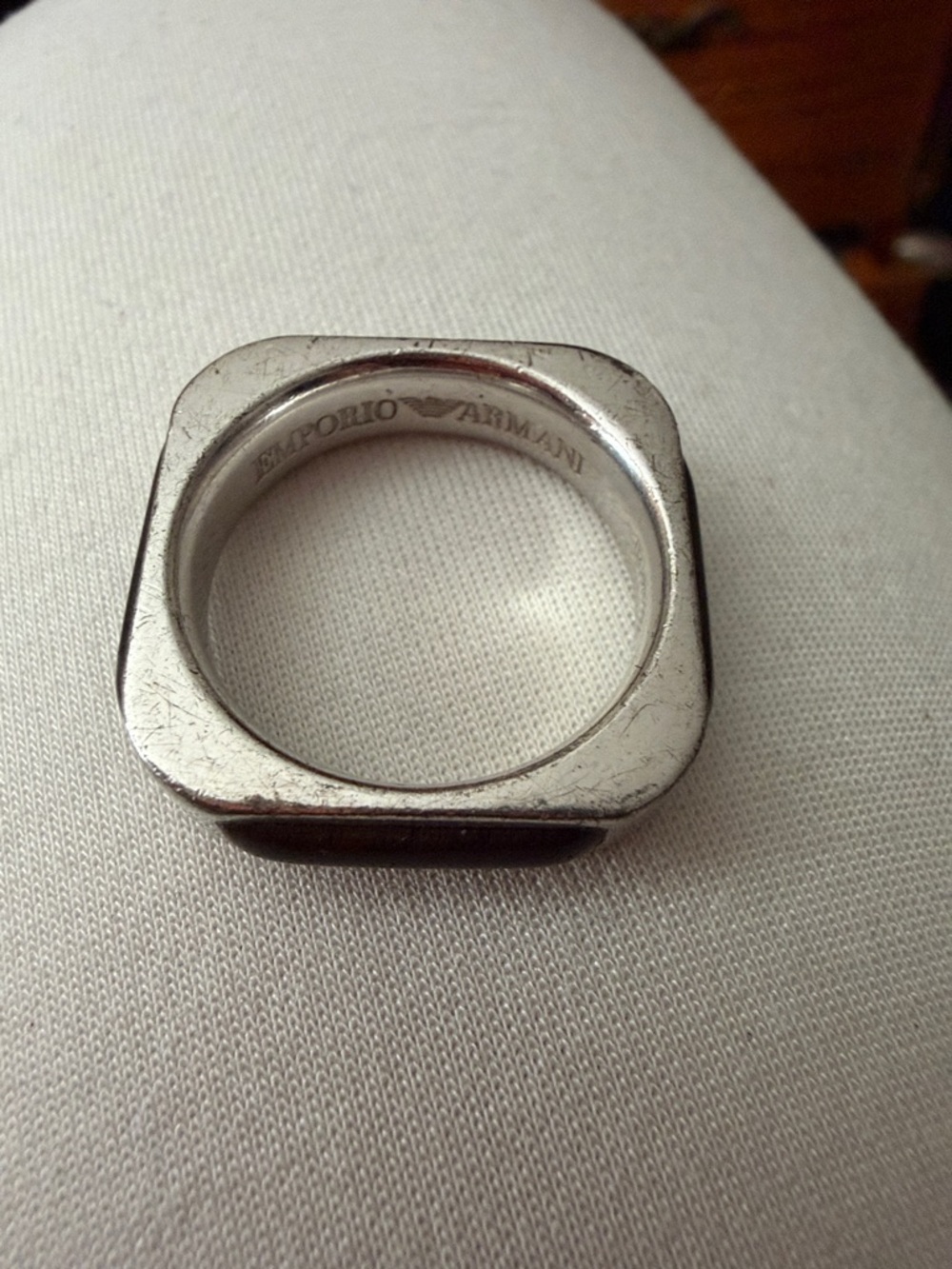 Emporio Armani Silver-Tone Square Signet Ring with Engraved Logo